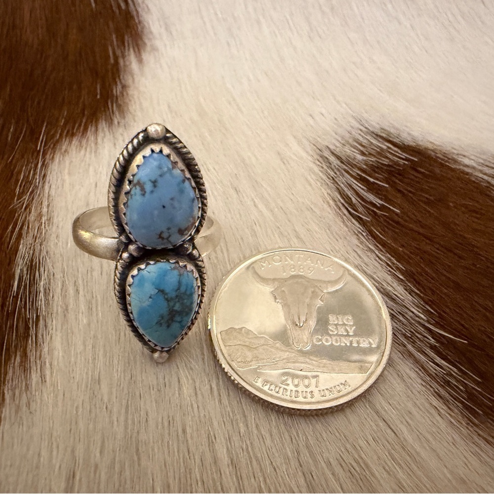 ❤️ Golden Hills 2 Stone Turquoise Sterling Navajo Style Ring Size 5 to 7.5 ADJ - Picture 8 of 14